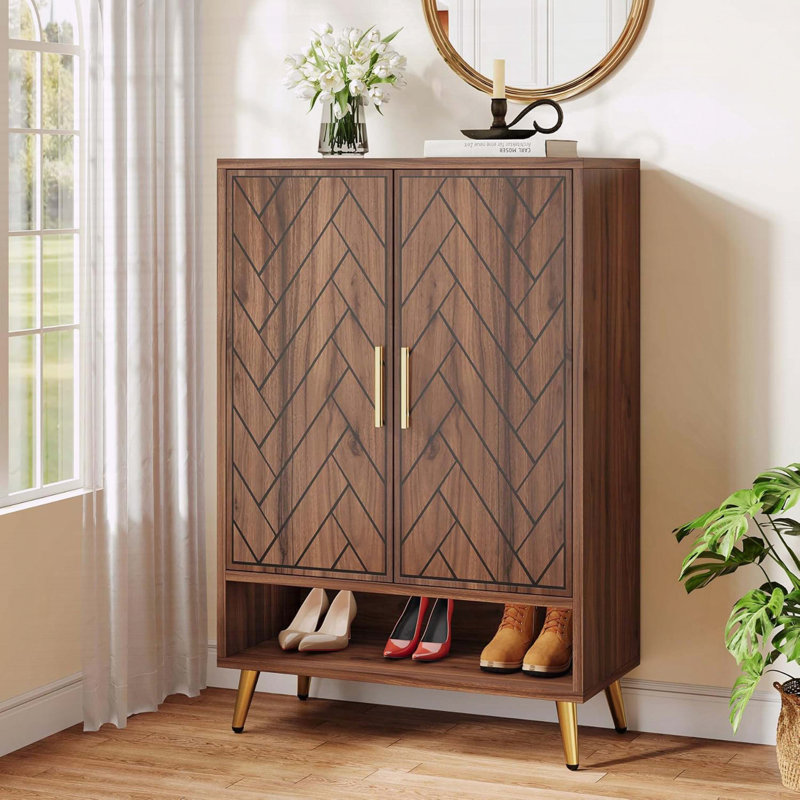 Walnut 6-Tier Wooden Shoe Cabinet with Adjustable Shelves and Gold Legs