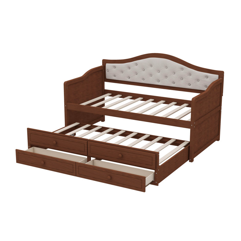 Twin Daybed With Trundle, Daybed With 2 Storage Drawers, Wooden Sofa Bed With Upholstered Button Tufted Backrest For Living Room