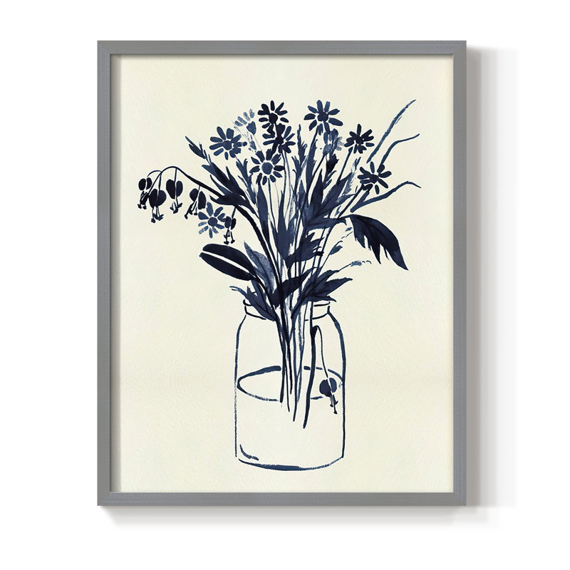 Indigo Floral Vase II, reproduction encadrée - bois massif, Gris, H 11 po x l 9 po