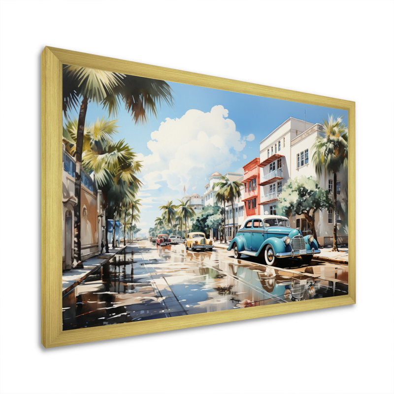 Beige Blue Miami Beach Miami, reproduction d'art sur toile, Cadre doré à une seule photo, H 34 po x l 44 po x P 1,5 po