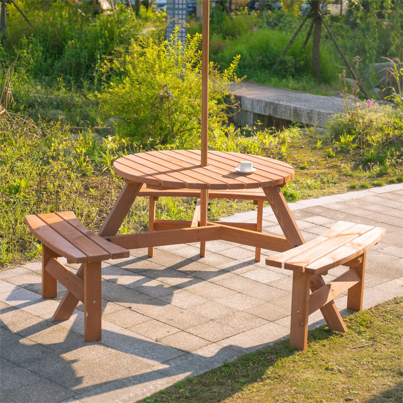 6-Seater Wooden Picnic Table And Bench Set With 3 Benches And Sunshade