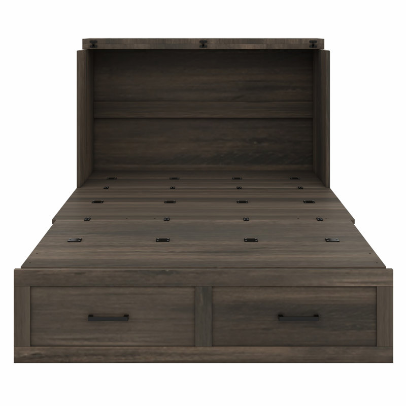 Lit armoire escamotable avec station de charge Murphy, lit plateforme pliable avec grand tiroir de rangement, Gris rustique