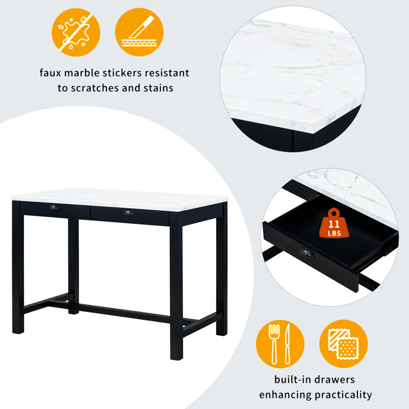 TREXM 5-Piece Modern Faux Marble Versatile Bar Table Set With Storage Drawers And Padded Stools, White, White, Black