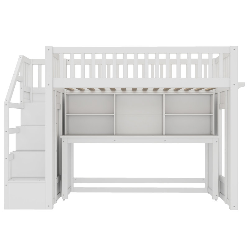 Lit mezzanine simple en bois massif avec bureau mobile et tablettes, Simple, Blanc