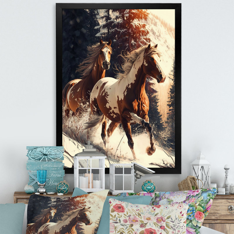 Chevaux sauvages en pleine scène d'hiver, H 20 po x l 12 po x P 1 po, Cadre simple noir