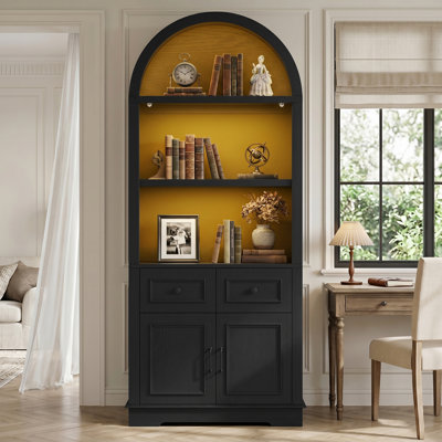 70.8" H Arched Book Cabinet Storage Bookcase with Motion Sensor LED Light & Power Outlet, 2 Drawers 2 Doors, Tall Display Hutch