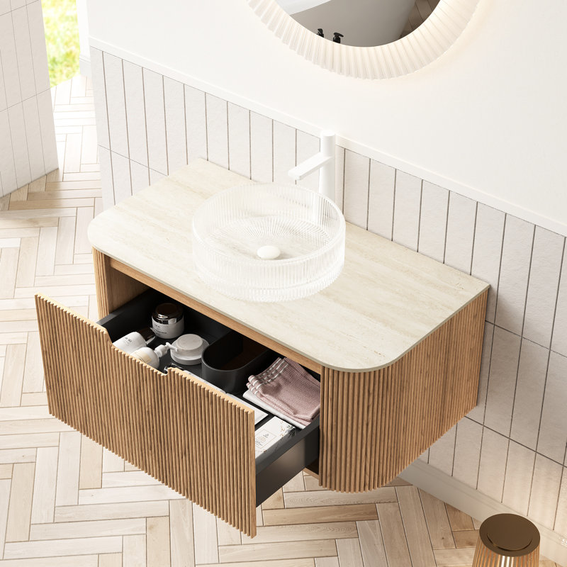 Meuble-lavabo moderne avec lavabo rond en verre transparent de 36 po, dessus en pierre frittée à motif, armoire en bois naturel à rayures 3D, grand rangement, tiroir à fermeture en douceur, meuble-lavabo pré-assemblé, comptoir,