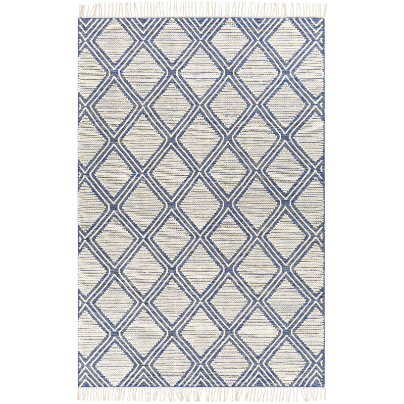 Keida Ikat Handmade Flatweave Cotton/Wool Navy/Beige Area Rug, Rectangle 2' x 3'