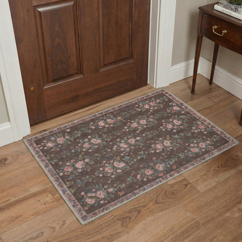 Bellingham Verdure Floral Machine Washable Pink / Green / Brown Indoor Area Rug with Non-Slip Backing, Rectangle 5' x 7'
