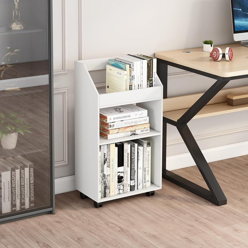 3-Tier Mobile Bookshelf, White Bookcase With Wheels, Rolling Fil...