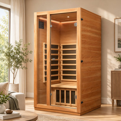  1-2 Person Indoor Far Infrared Luxury Sauna, Low-EMF 1510W/120V Dual Lighting Features with Reading Light & Chromotherapy LED, Clear BT Speaker Sound, Natural Wood Construction,74.8" H x 39.37" Wx 35.43" D
