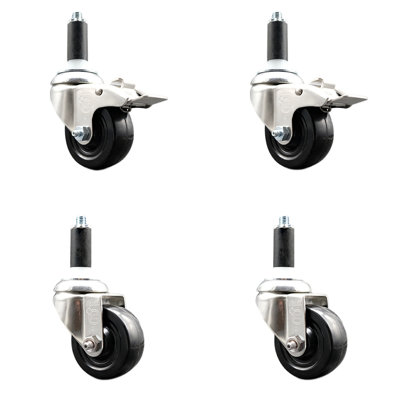 316SS Hard Rubber Swivel Expanding Stem Caster Set 2 Lock Brake