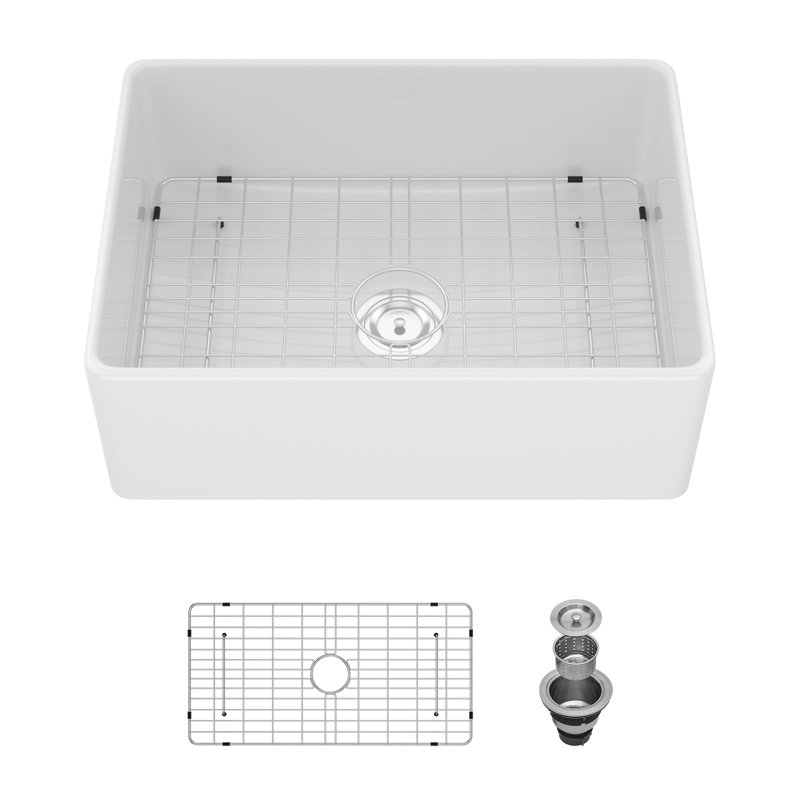 28" L x 20" W Rectangular White Single Bowl Ceramic Farmhouse / Apron Kitchen Sink with Sink Grid and Basket Strainer