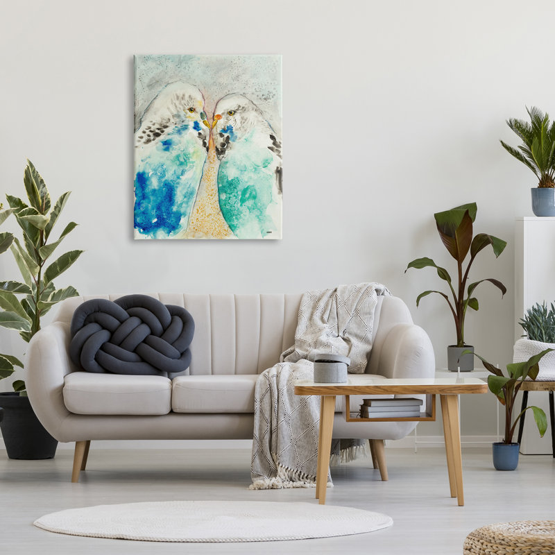 Paire de perruches bleues parsemées d'aquarelle par Patti Mann - Peinture sur toile, H 40 po x l 30 po x P 1,5 po