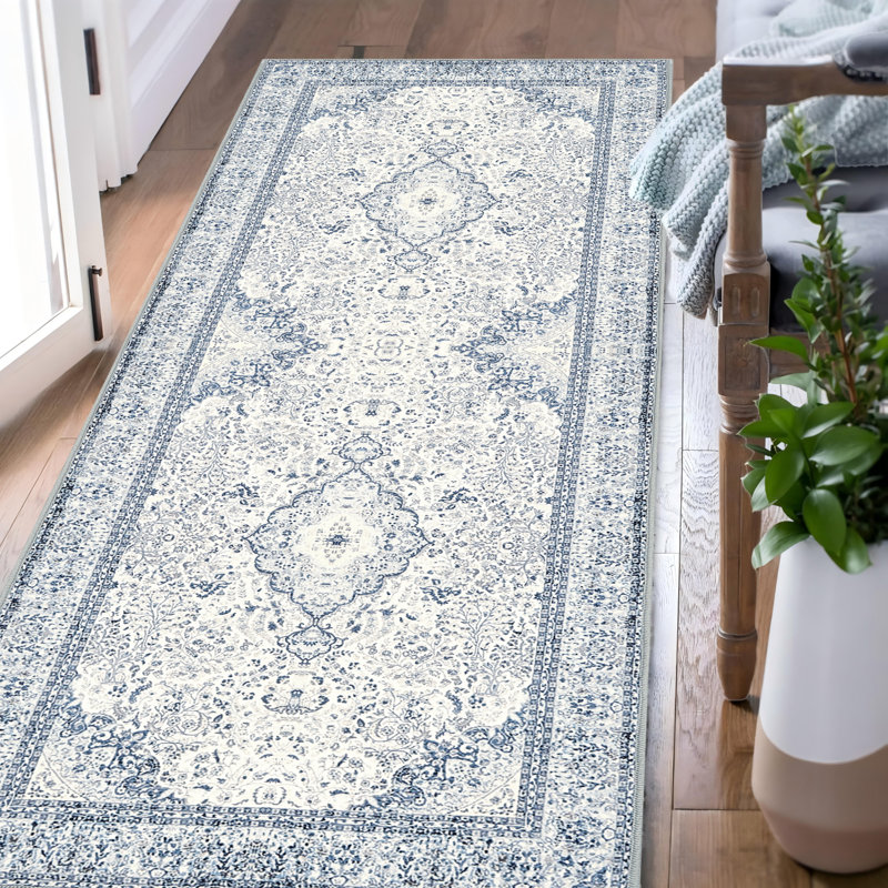 Washable Area Rug, Non-Slip Low Pile Soft Vintage Floral Print Carpet For Living Room, Bedroom, Kitchen Bathroom,Stain Resistant Lightweight Indoor Rugs,BLUE