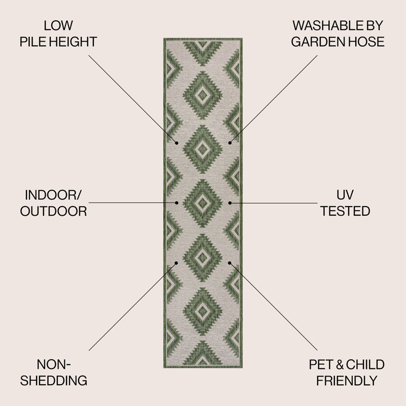 Tapis vert / crème Kyona, Tapis de couloir 2 pi x 7 pi 10 po