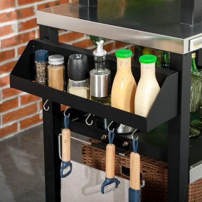Chariot de cuisson portatif pour l'extérieur, surface en acier inoxydable, 32 po x 20,5 po, avec porte-serviettes, papier de préparation des aliments noir et sac à ordures 32 po x 20,5 po