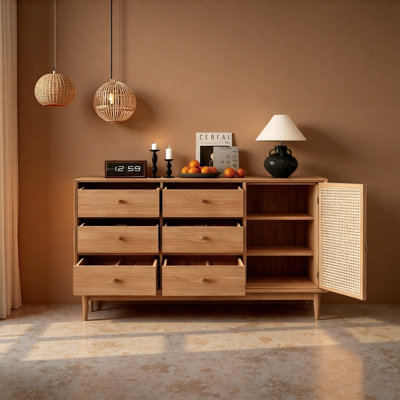 Ash Wood Rattan Sideboard Cabinet