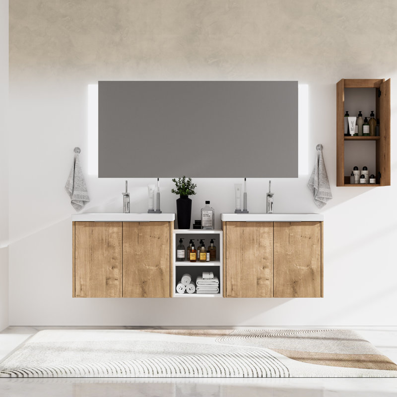 Meuble-lavabo double flottant en chêne blanc avec armoire latérale et lavabo