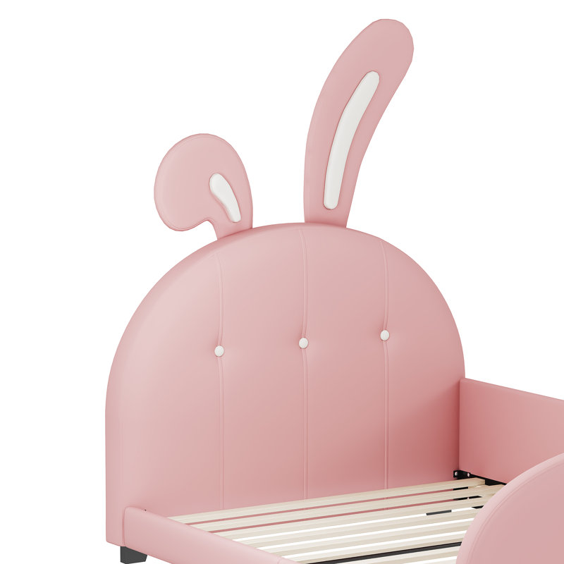 Lit simple tapissier en forme de lapin Princess, lit plateforme simple avec tête et pied de lit, rose