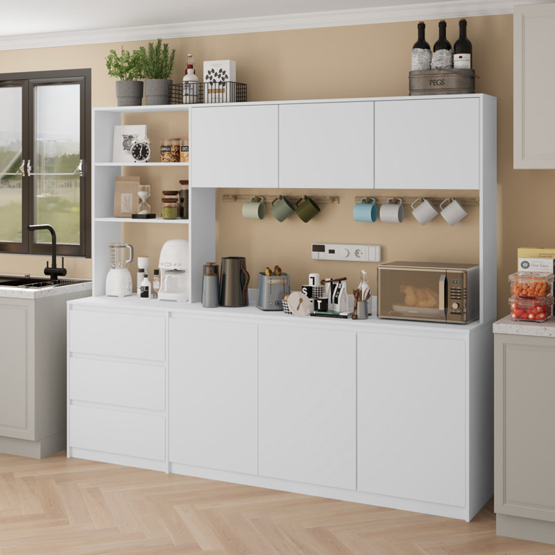 Très grande armoire de cuisine avec tablette à micro-ondes Spurgeon, Blanc