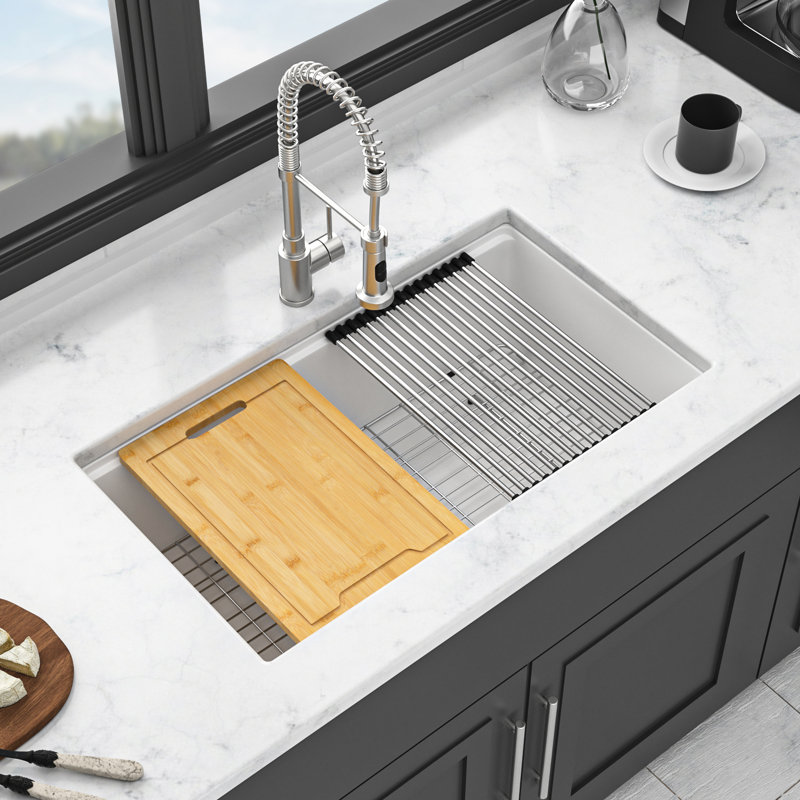 White, Quartz, 30X19", Kitchen Sink, Workstation, Undermount, Easy To Clean, Protects Hands, Basket Strainers, Cutting Board 30X19" White Composite Workstation Hard & Smooth, Package With Drying Rack
