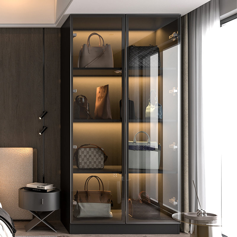 Maudena Armoire With Glass Door and LED Light, Black