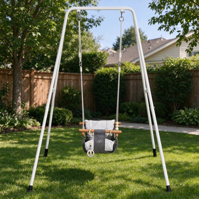 2 in 1 Toddler Swing and Jumper with Foldable A-Frame Metal Stand, Soft Cushioned Fabric Swing Seat, Adjustable Thick Ropes, Indoor Outdoor Baby Bouncer Swing Set