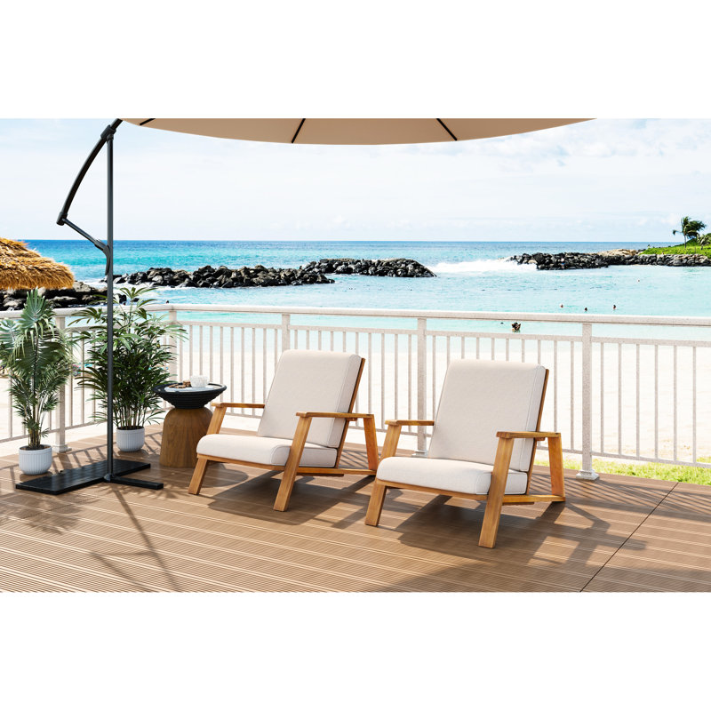Fauteuil club de 2 pour la terrasse et le bord de la piscine avec coussin de siège beige à assise profonde et à angle en bois