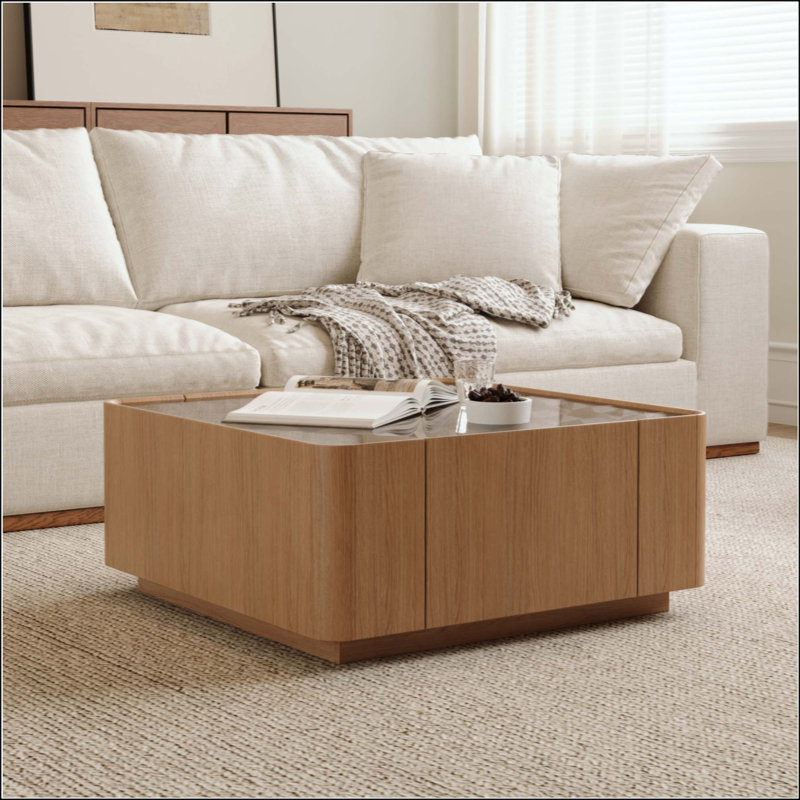 Table basse carrée avec tiroirs de rangement, table basse moderne en bois avec plateau en verre, tables de centre de table de thé pour le salon
