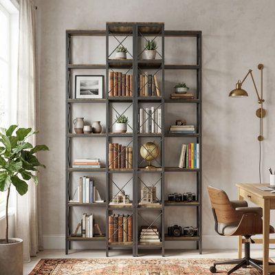 HOMCOM L-Shaped Bookshelf Bookcase with Metal Frame, Rustic Brown