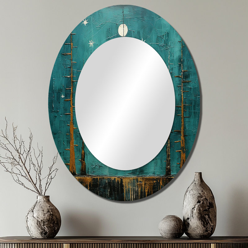 Abstract Moon On Retro Teal - Teal Oval Wall Mirror Decor, 40" x 30"
