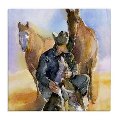 «Cowboy and Animals Watercolor on Canvas» par John Keeling, reproduction
