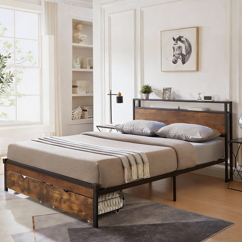 Base de lit plateforme en métal avec tête et pied de lit en bois, lit de rangement avec port USB, station de charge, 2 tiroirs
