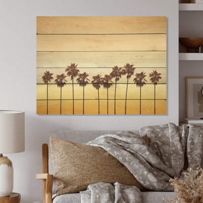 Golden Sunrise Palm Trees I - Palms & Palm Trees Wood Art On Natural Pine Wood
