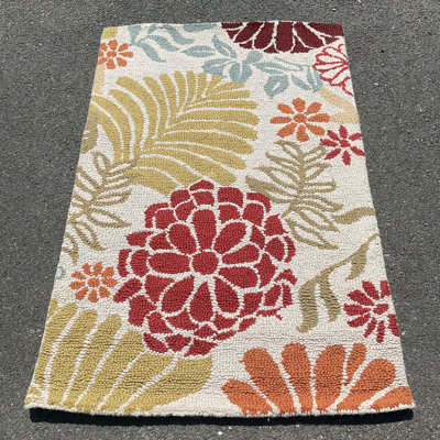 Tapis ivoire / olive / rouge en laine touffeté à la main Indo