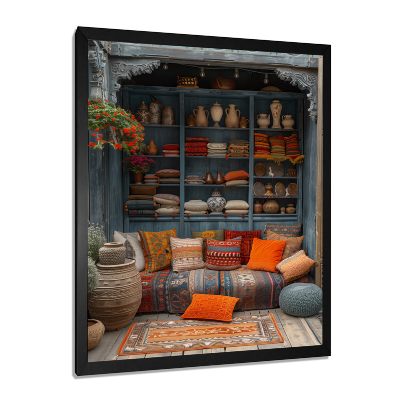 Orange bleu bohémien bazar Boho - art mural du Maroc, salon, Cadre simple noir, H 40 po x l 30 po x P 1,5 po
