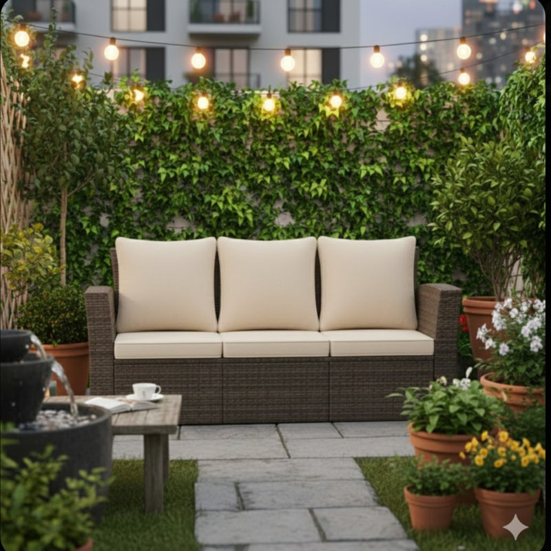 67.7" All-Weather Wicker 3-Seat Patio Sofa With Thick Black Cushions & Black Frame, Black