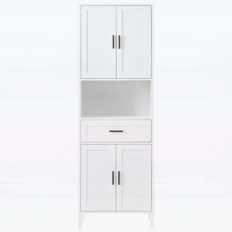 Armoire de salle de bain moderne avec tiroir, portes à fermeture en douceur et rangement ouvert, rangement polyvalent, Blanc
