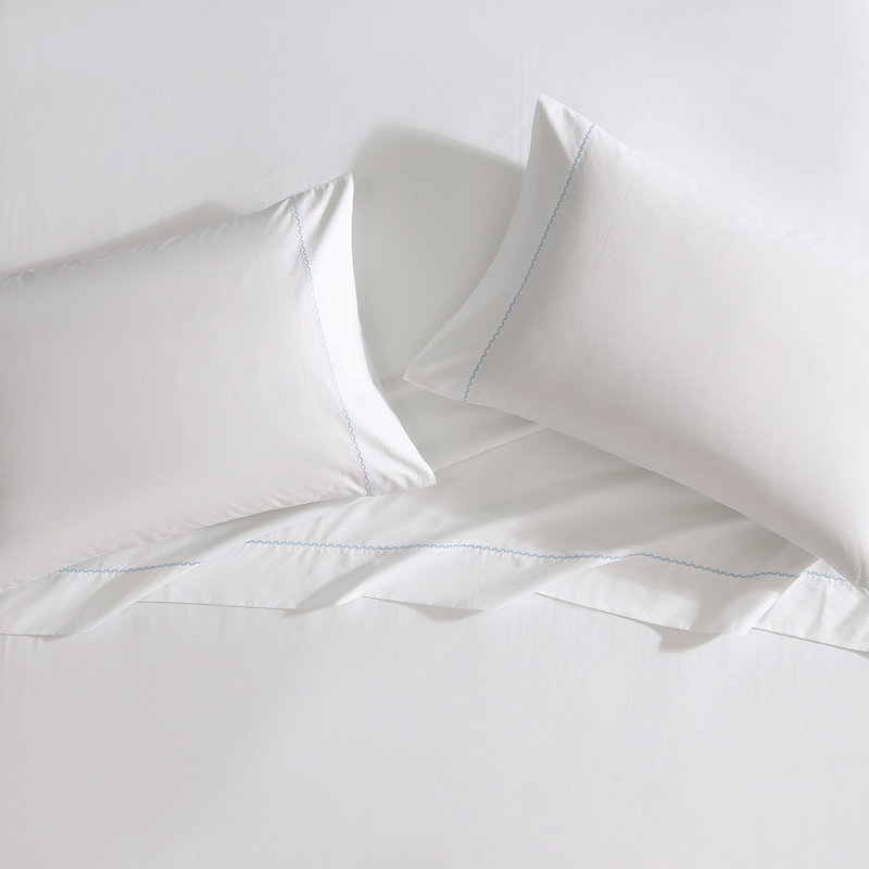 Twin Blue Cotton Percale Embroidered Sheet Set