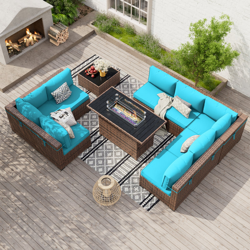 Babak Rattan Sectional Conversation Sets With Fire Pit Table, Coffee Table, 8, Sky Blue
