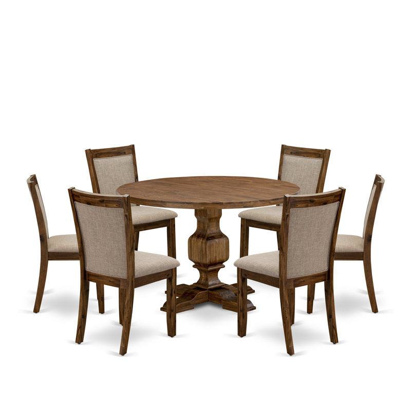 Ensemble de salle à manger 7 pièces - Table de salle à manger ronde en bois et 6 chaises Parson de couleur brun clair à haut dossier - Finition noyer antique