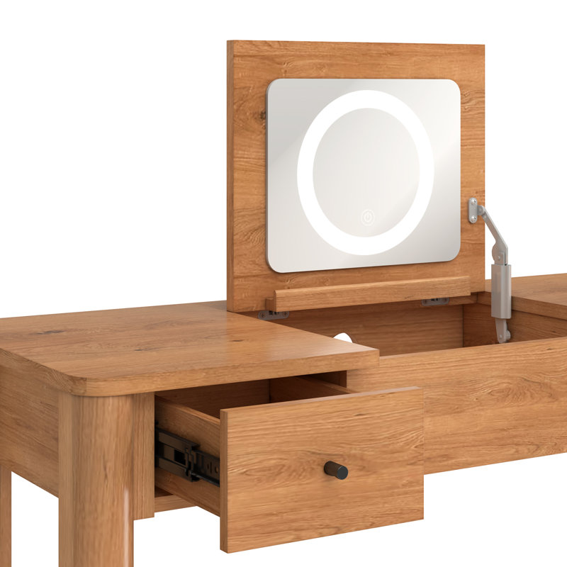 Chueyee Vanity with LED Light and Drawer Storage, English Oak