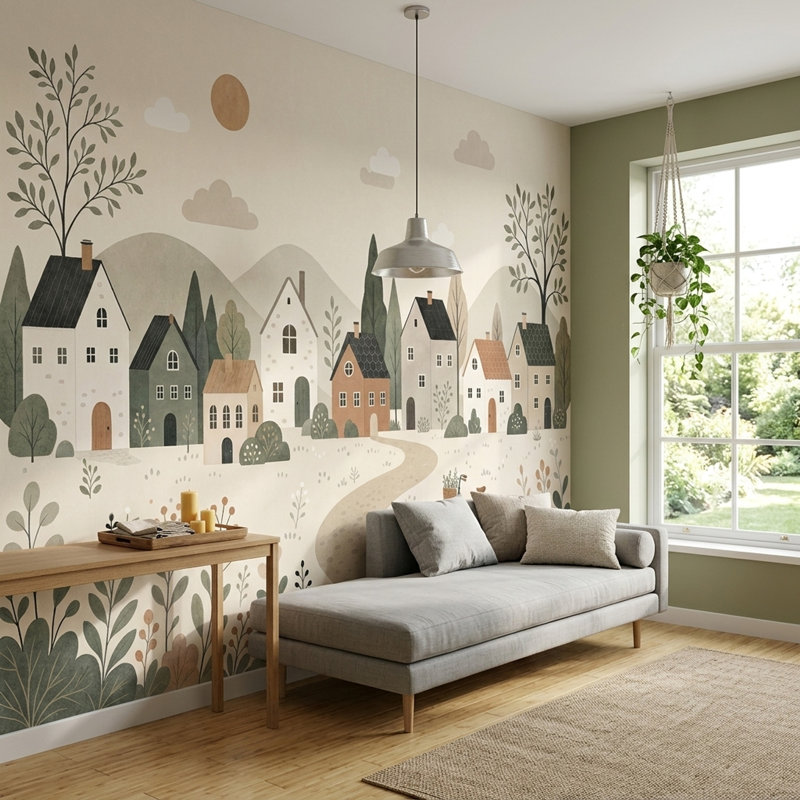 Fresque murale représentant un village de campagne et des collines ondulantes, paysage minimaliste scandinave, 200"x120"