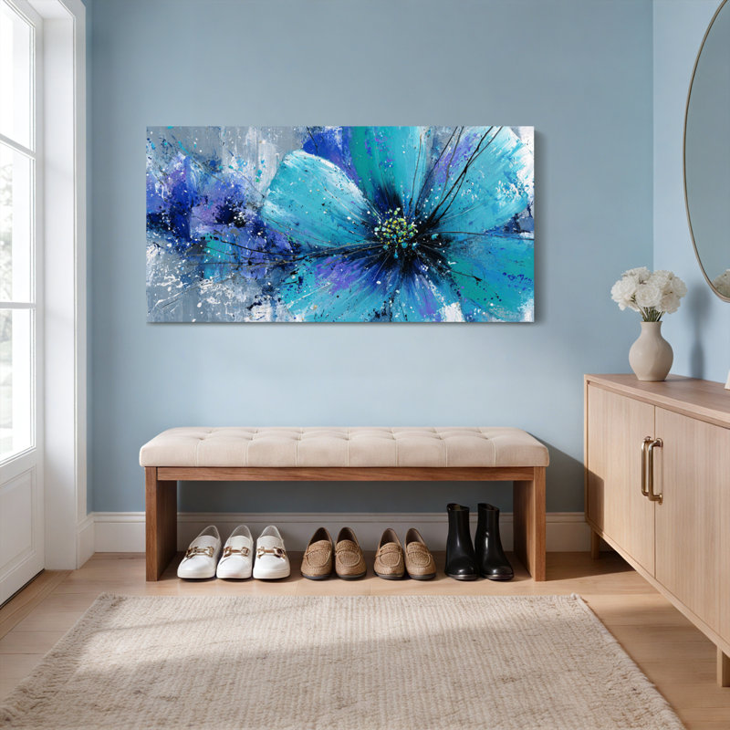 Ensemble de 1 tableau abstrait floral bleu sur toile tendue, H 24 po x l 48 po
