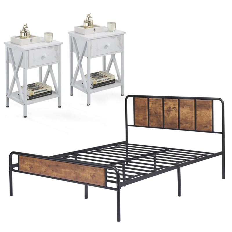 Ensemble de chambre avec lit plateforme 3 pièces Kempst, Grand, Blanc