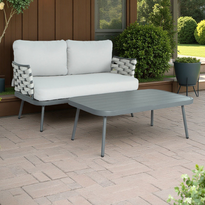 Causeuse et table en acier, Gris, Beige, 2 pièces: table, causeuse