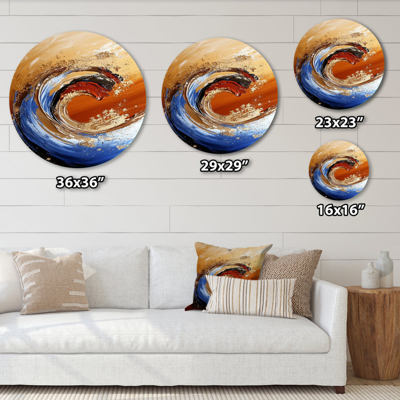 Brise de mer dorée abstraite - décoration murale ronde côtière, art mural de salon doré, H 36 po x l 36 po