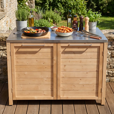 51.2-Inch Cedar Outdoor Kitchen Storage Cabinet with Stainless Steel Countertop and Double Doors - Natural