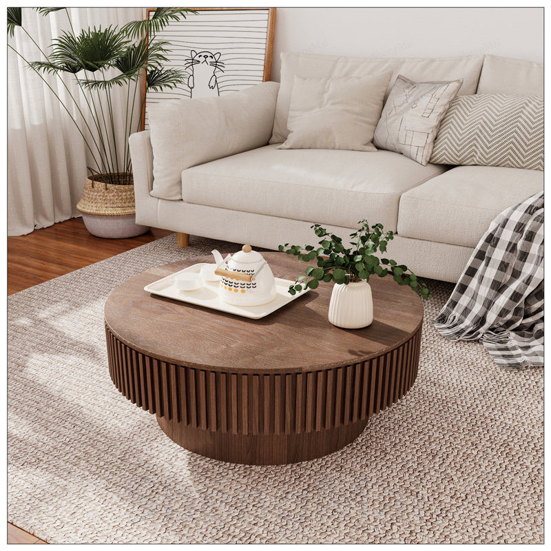 Table basse ronde avec rangement, placage en bois massif, décor moderne pour le salon, la chambre à coucher ou le bureau